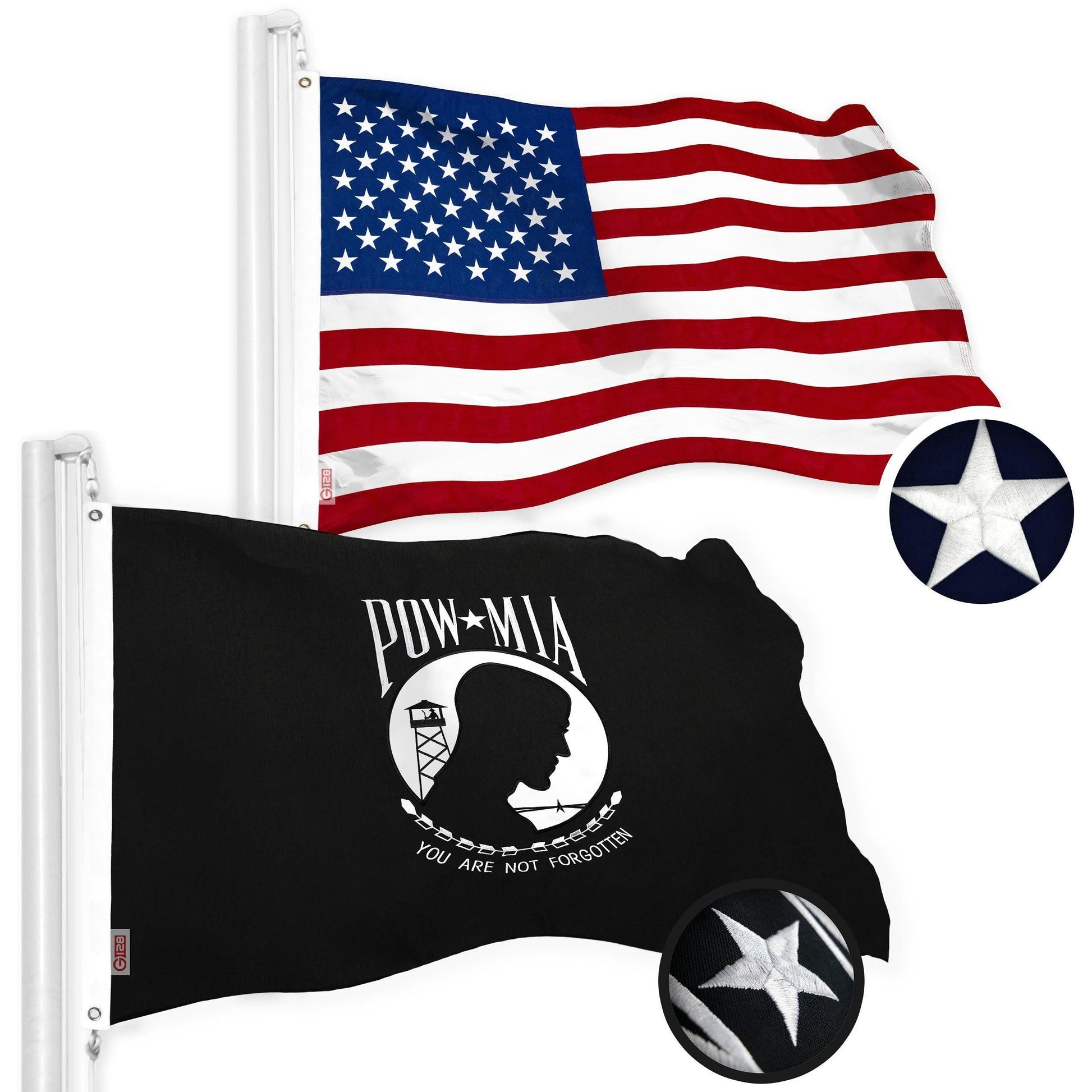 G128 Combo Pack: USA American Flag & POW MIA 4X6 Ft Embroidered Spun Polyester, Indoor/Outdoor, Brass Grommets