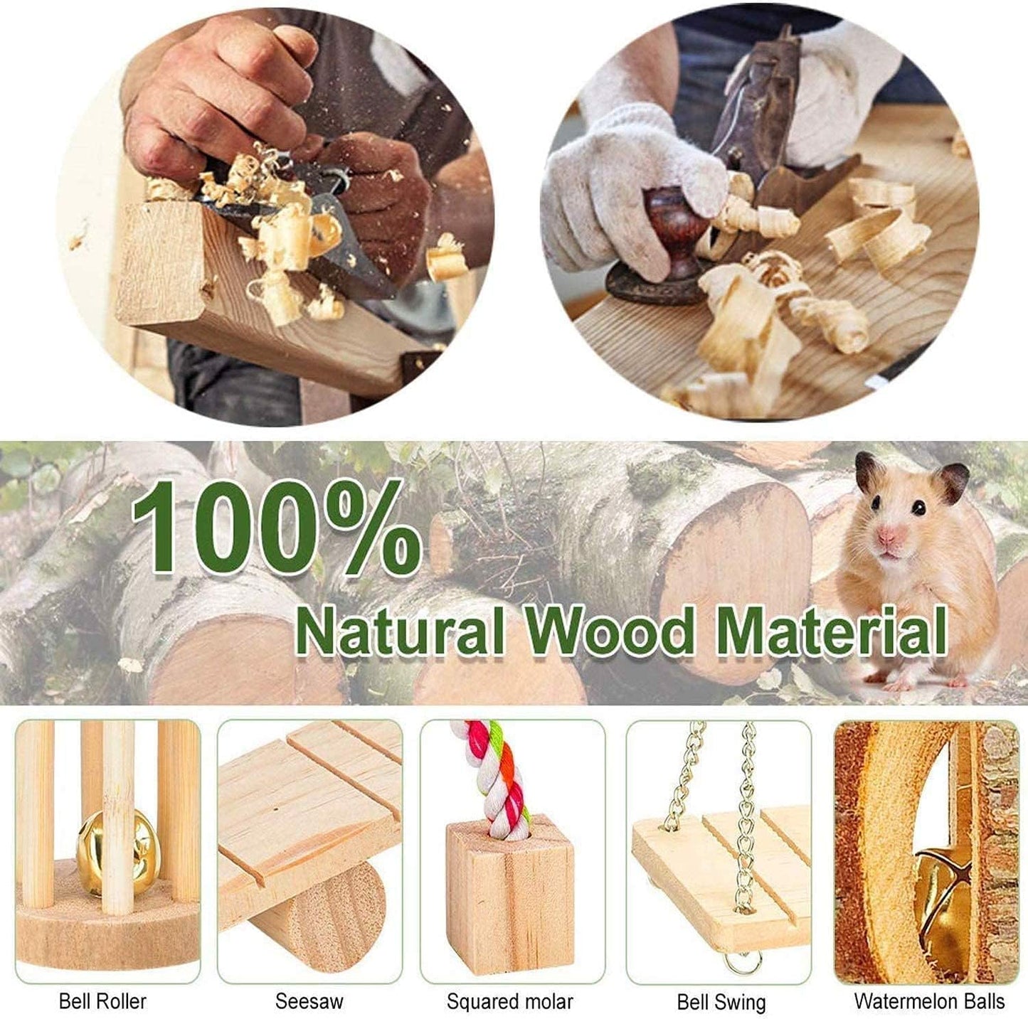 Hamster Chew Toys, Guinea Pig Toys Natural Wooden Pine Rats Chinchillas Toys Accessories Dumbells Exercise Bell Roller Teeth Care Molar Toy for Birds Bunny Rabbits Gerbils (Toy-4)