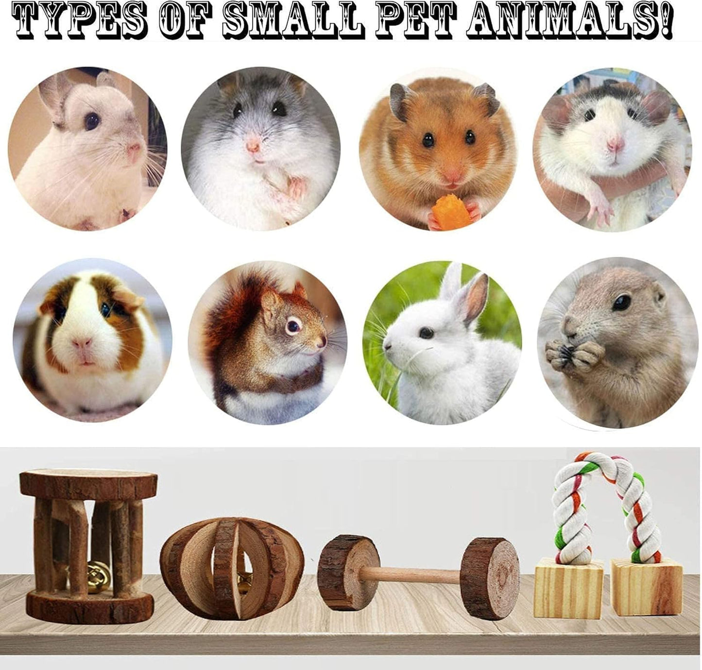 Hamster Chew Toys, Guinea Pig Toys Natural Wooden Pine Rats Chinchillas Toys Accessories Dumbells Exercise Bell Roller Teeth Care Molar Toy for Birds Bunny Rabbits Gerbils (Toy-4)