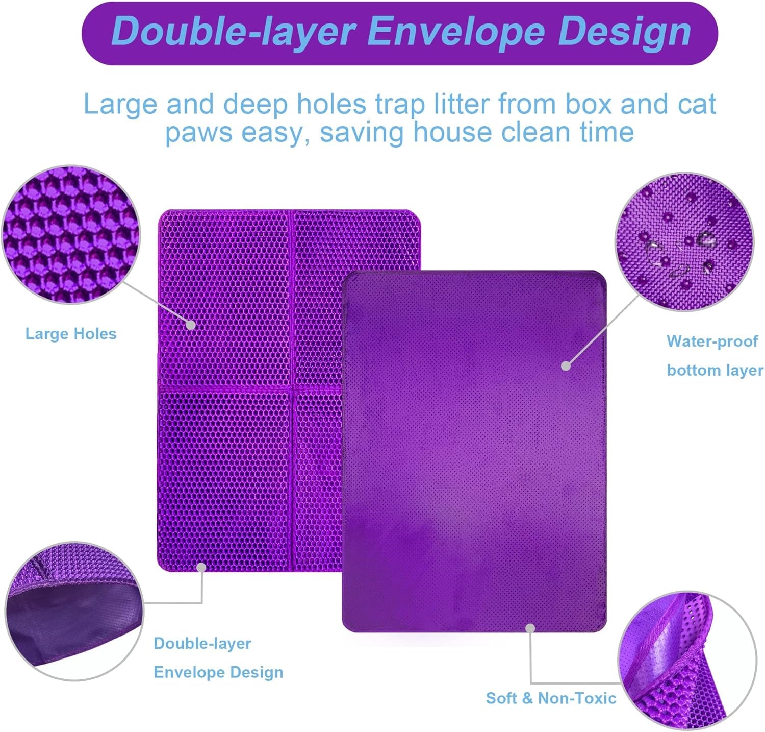 Cat Litter Trapping Mat 30”X 22”Cat Litter Mat Kitty Litter Box Mat, Honeycomb Double Layer Foldable Litter Mat, Pretty Waterproof Urine Proof Mat, Scatter Control 2-Layer Easy Clean 1 Pack