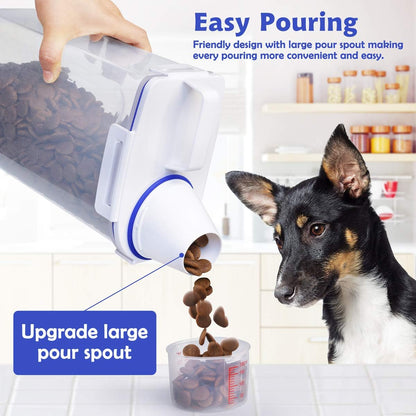 Pet Dog Food Storage Container Small, Airtight Cat Food Container with Measuring Cup, 4 Seal Buckles Food Dispenser with Scoop for Regular Food, Dog, Cat, Bird (White)
