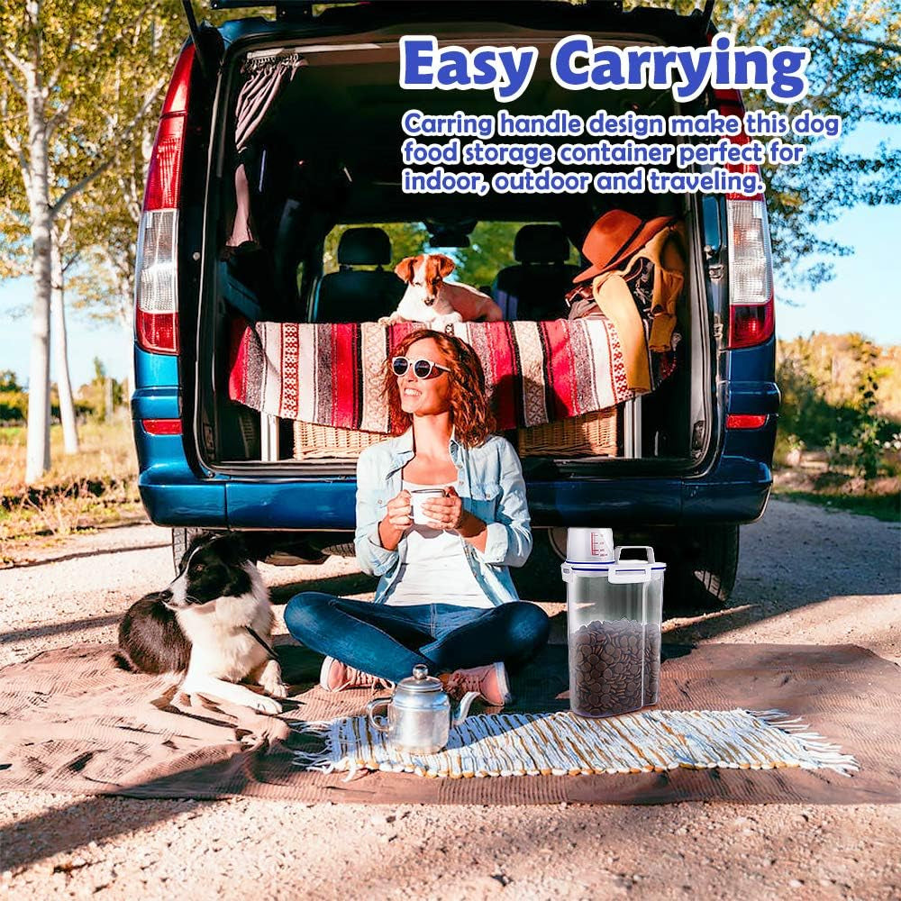 Pet Dog Food Storage Container Small, Airtight Cat Food Container with Measuring Cup, 4 Seal Buckles Food Dispenser with Scoop for Regular Food, Dog, Cat, Bird (White)