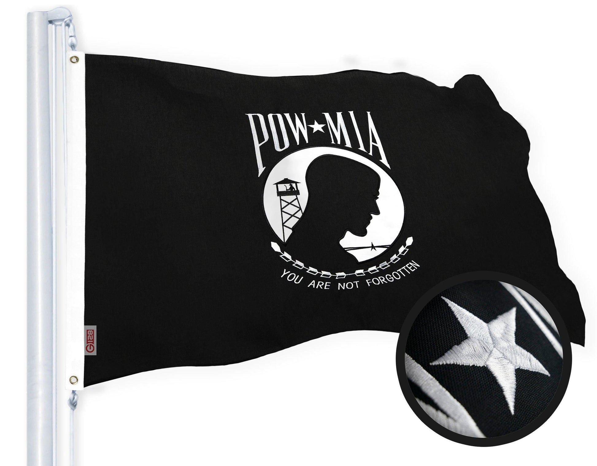 G128 Combo Pack: USA American Flag & POW MIA 4X6 Ft Embroidered Spun Polyester, Indoor/Outdoor, Brass Grommets