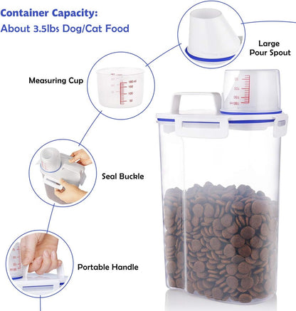 Pet Dog Food Storage Container Small, Airtight Cat Food Container with Measuring Cup, 4 Seal Buckles Food Dispenser with Scoop for Regular Food, Dog, Cat, Bird (White)