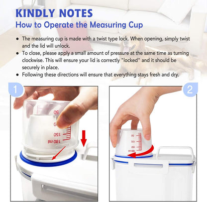 Pet Dog Food Storage Container Small, Airtight Cat Food Container with Measuring Cup, 4 Seal Buckles Food Dispenser with Scoop for Regular Food, Dog, Cat, Bird (White)