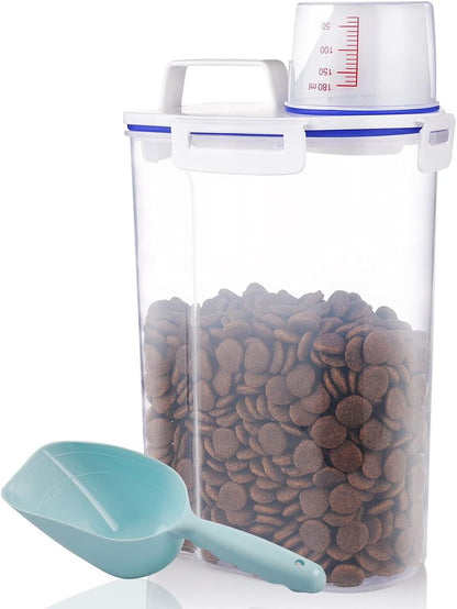 Pet Dog Food Storage Container Small, Airtight Cat Food Container with Measuring Cup, 4 Seal Buckles Food Dispenser with Scoop for Regular Food, Dog, Cat, Bird (White)